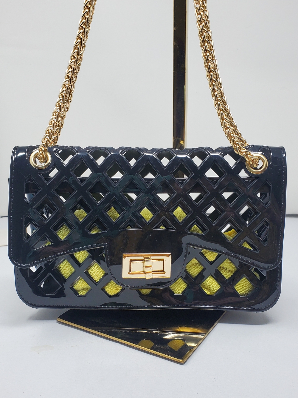 Black Patent Lattice Crossbody Bag with Gold Chain Yellow Is ClothShapingThe Bag